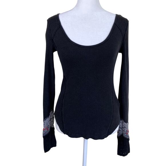 Free People We The Free XS Bandana Cuff Waffle Knit Thermal Shirt Charcoal Grey - Picture 3 of 16